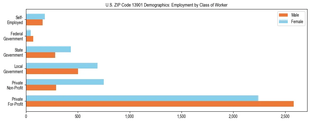 Horizontal bar chart showing employment distribution by class of worker and gender in US ZIP Code 13901, based on 2023 ACS data.