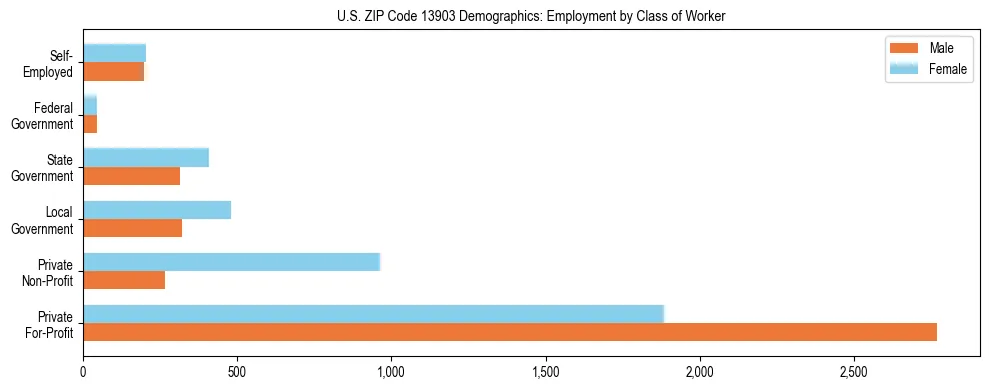 Horizontal bar chart showing employment distribution by class of worker and gender in US ZIP Code 13903, based on 2023 ACS data.