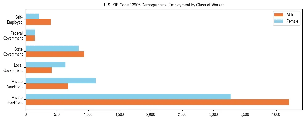 Horizontal bar chart showing employment distribution by class of worker and gender in US ZIP Code 13905, based on 2023 ACS data.