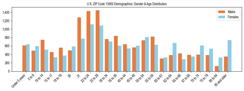 Bar chart showing the population distribution of US ZIP Code 13905 by age group and gender, based on 2023 ACS data.