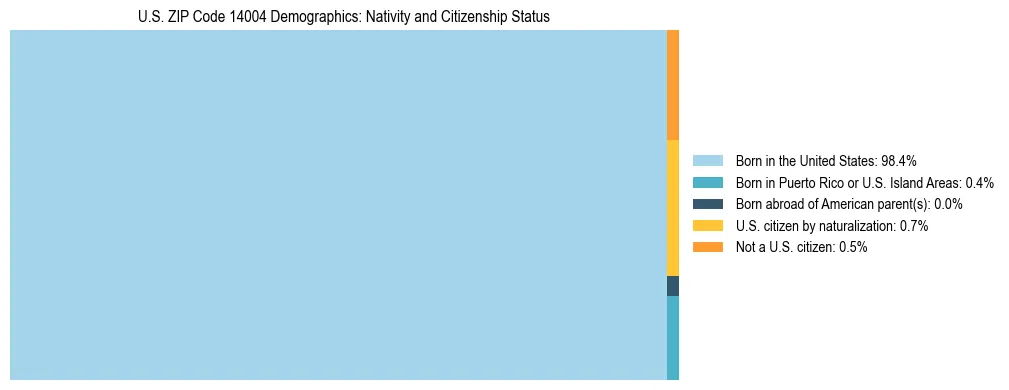 Treemap showing the population distribution by nativity and citizenship status in US ZIP Code 14004 based on U.S. Census data.