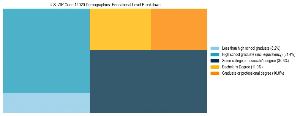 Treemap chart illustrating the educational attainment breakdown for population 25 years and over in US ZIP Code 14020.