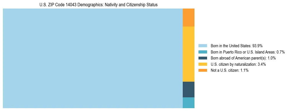Treemap showing the population distribution by nativity and citizenship status in US ZIP Code 14043 based on U.S. Census data.