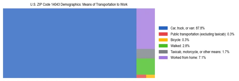 Treemap showing means of transportation to work distribution in US ZIP Code 14043.