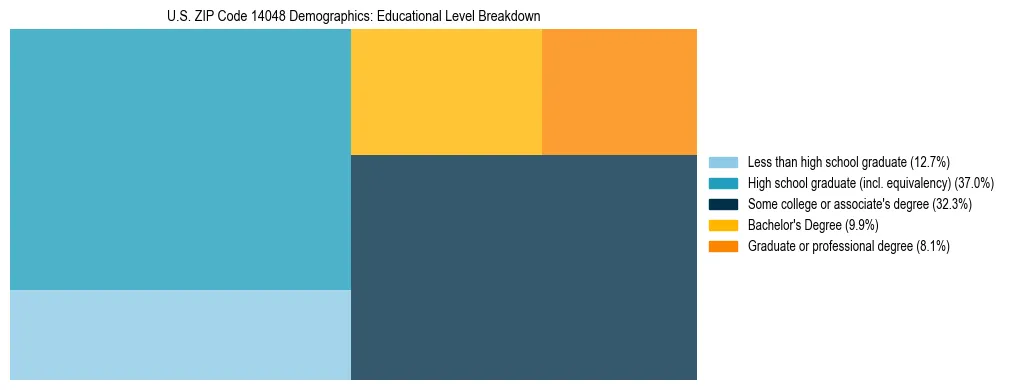 Treemap chart illustrating the educational attainment breakdown for population 25 years and over in US ZIP Code 14048.