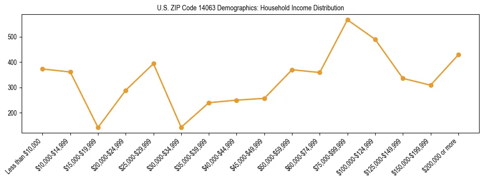 Horizontal bar chart showing household income distribution in US ZIP Code 14063.