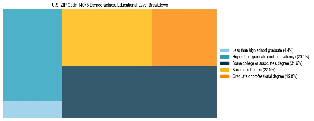 Treemap chart illustrating the educational attainment breakdown for population 25 years and over in US ZIP Code 14075.