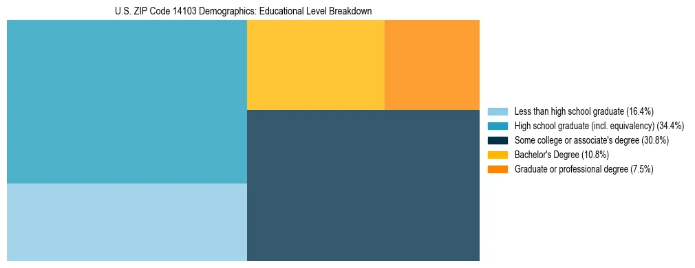 Treemap chart illustrating the educational attainment breakdown for population 25 years and over in US ZIP Code 14103.