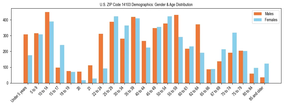 Bar chart showing the population distribution of US ZIP Code 14103 by age group and gender, based on 2023 ACS data.