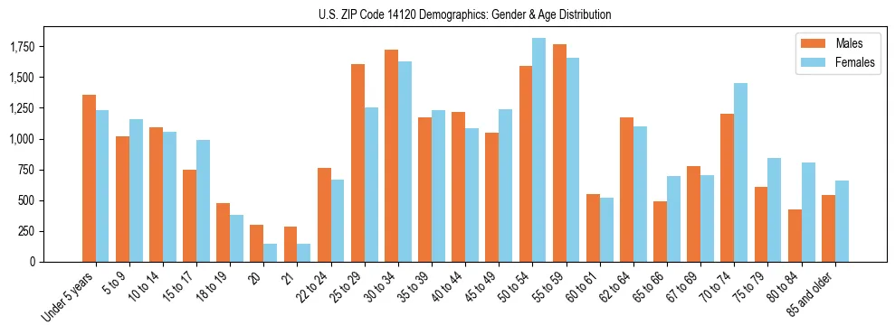 Bar chart showing the population distribution of US ZIP Code 14120 by age group and gender, based on 2023 ACS data.