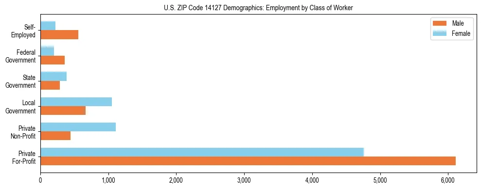 Horizontal bar chart showing employment distribution by class of worker and gender in US ZIP Code 14127, based on 2023 ACS data.