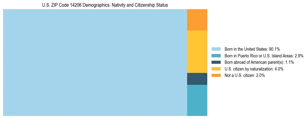 Treemap showing the population distribution by nativity and citizenship status in US ZIP Code 14206 based on U.S. Census data.