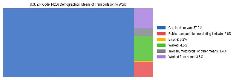 Treemap showing means of transportation to work distribution in US ZIP Code 14206.
