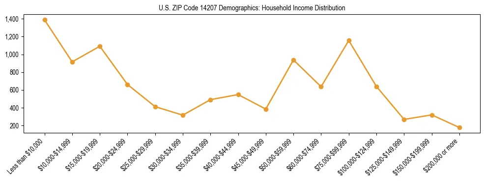 Horizontal bar chart showing household income distribution in US ZIP Code 14207.