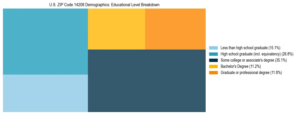 Treemap chart illustrating the educational attainment breakdown for population 25 years and over in US ZIP Code 14208.