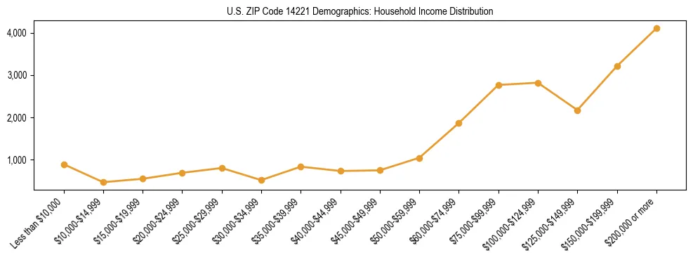 Horizontal bar chart showing household income distribution in US ZIP Code 14221.