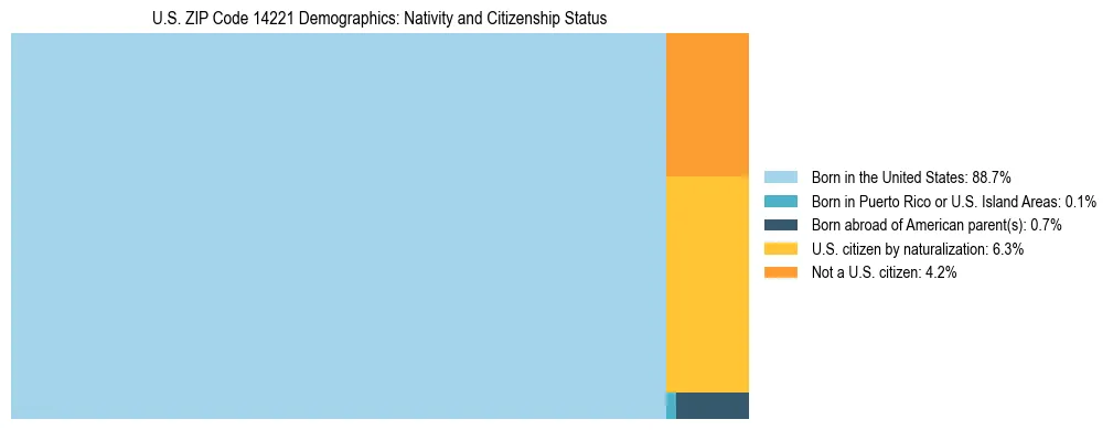 Treemap showing the population distribution by nativity and citizenship status in US ZIP Code 14221 based on U.S. Census data.