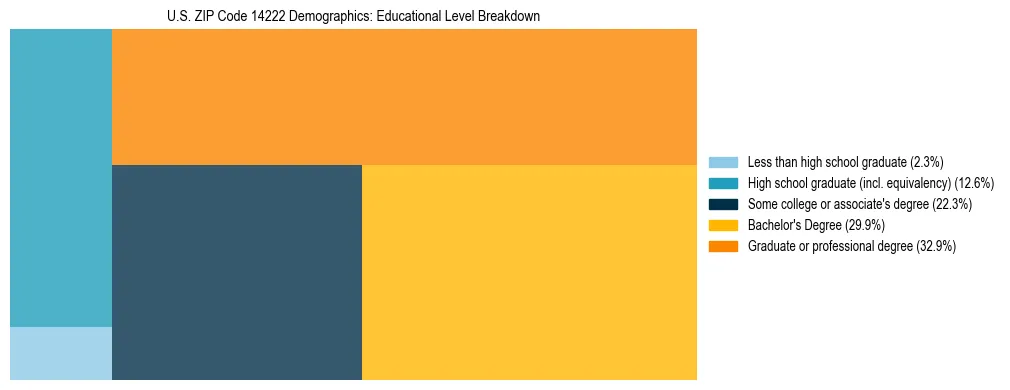 Treemap chart illustrating the educational attainment breakdown for population 25 years and over in US ZIP Code 14222.
