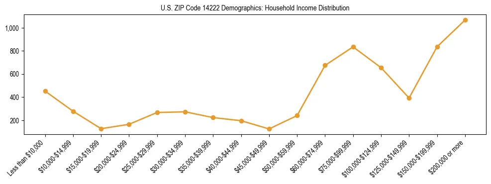 Horizontal bar chart showing household income distribution in US ZIP Code 14222.