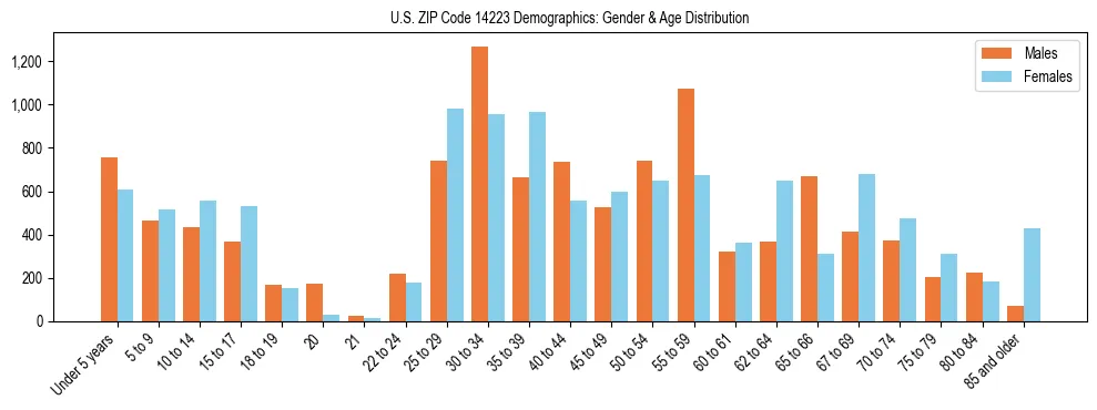 Bar chart showing the population distribution of US ZIP Code 14223 by age group and gender, based on 2023 ACS data.
