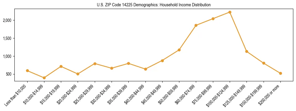Horizontal bar chart showing household income distribution in US ZIP Code 14225.