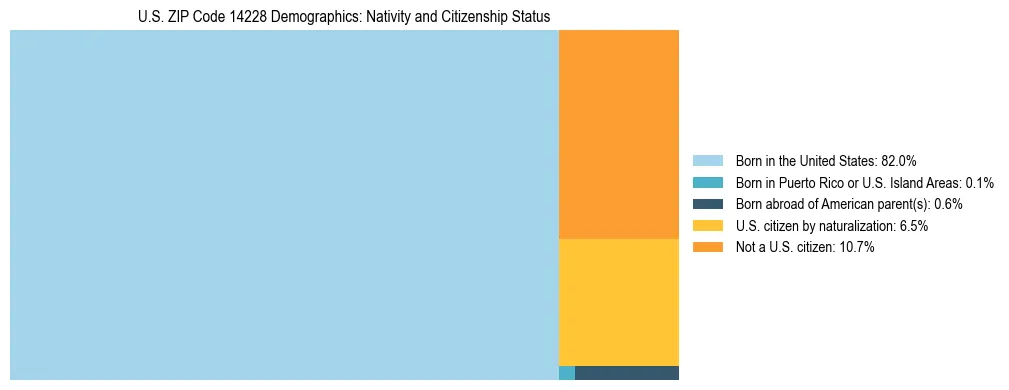 Treemap showing the population distribution by nativity and citizenship status in US ZIP Code 14228 based on U.S. Census data.