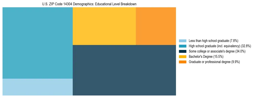Treemap chart illustrating the educational attainment breakdown for population 25 years and over in US ZIP Code 14304.