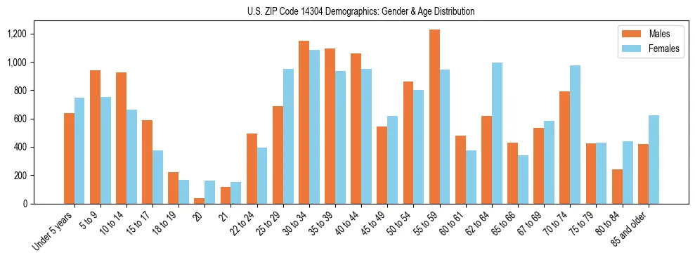 Bar chart showing the population distribution of US ZIP Code 14304 by age group and gender, based on 2023 ACS data.