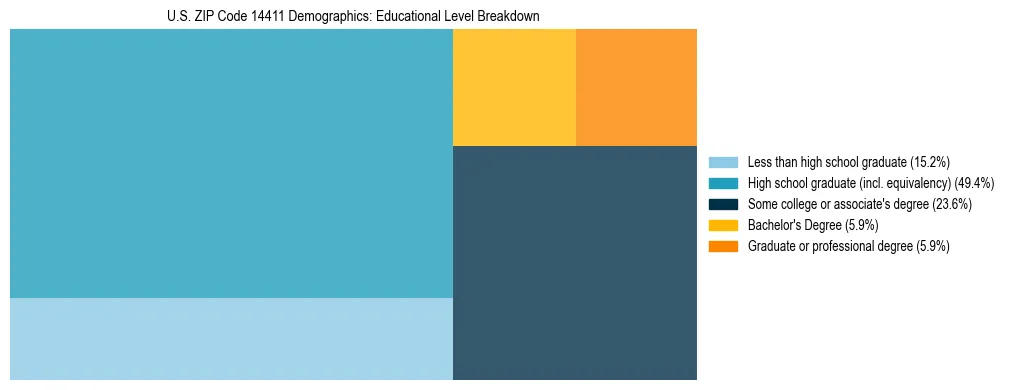 Treemap chart illustrating the educational attainment breakdown for population 25 years and over in US ZIP Code 14411.