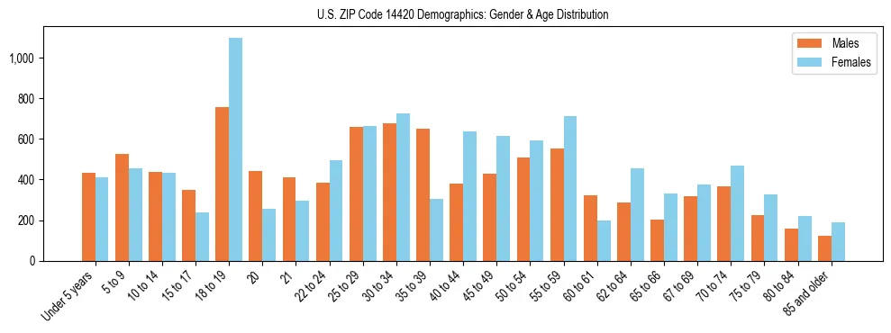 Bar chart showing the population distribution of US ZIP Code 14420 by age group and gender, based on 2023 ACS data.