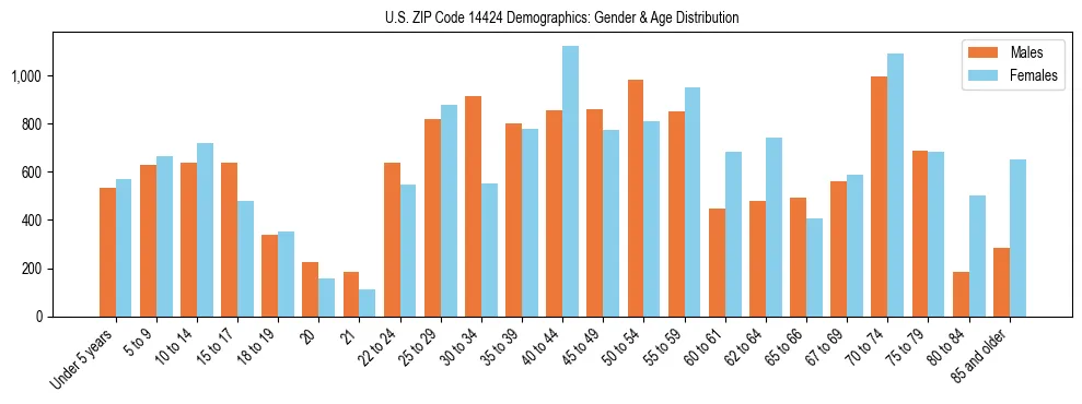 Bar chart showing the population distribution of US ZIP Code 14424 by age group and gender, based on 2023 ACS data.