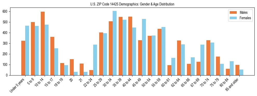 Bar chart showing the population distribution of US ZIP Code 14425 by age group and gender, based on 2023 ACS data.