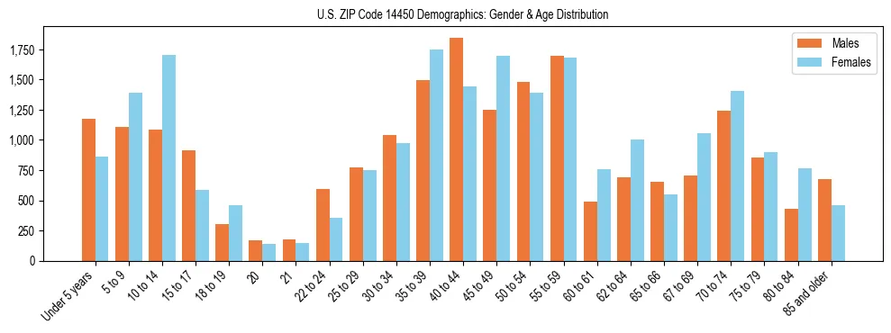 Bar chart showing the population distribution of US ZIP Code 14450 by age group and gender, based on 2023 ACS data.