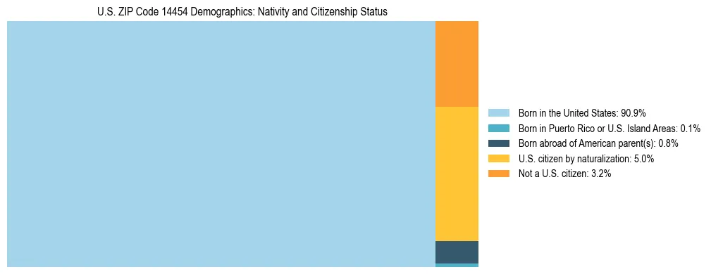 Treemap showing the population distribution by nativity and citizenship status in US ZIP Code 14454 based on U.S. Census data.