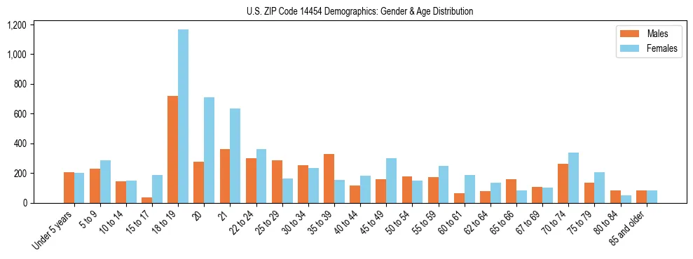 Bar chart showing the population distribution of US ZIP Code 14454 by age group and gender, based on 2023 ACS data.