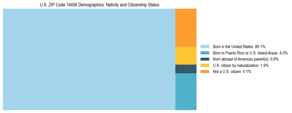 Treemap showing the population distribution by nativity and citizenship status in US ZIP Code 14456 based on U.S. Census data.