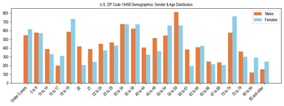 Bar chart showing the population distribution of US ZIP Code 14456 by age group and gender, based on 2023 ACS data.