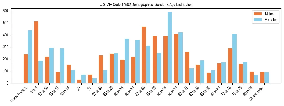 Bar chart showing the population distribution of US ZIP Code 14502 by age group and gender, based on 2023 ACS data.