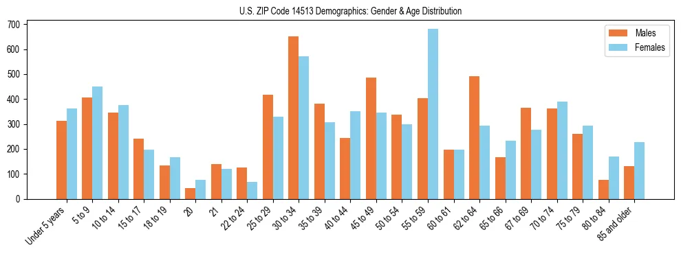 Bar chart showing the population distribution of US ZIP Code 14513 by age group and gender, based on 2023 ACS data.