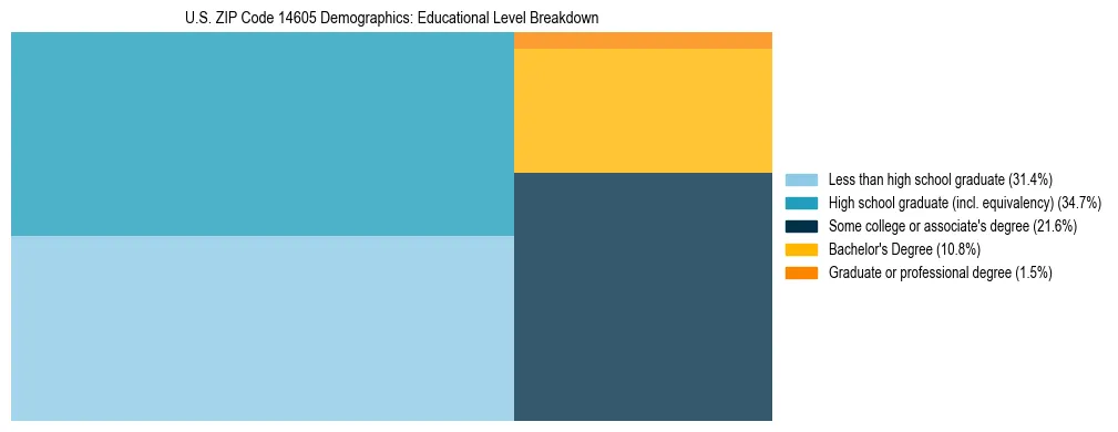 Treemap chart illustrating the educational attainment breakdown for population 25 years and over in US ZIP Code 14605.
