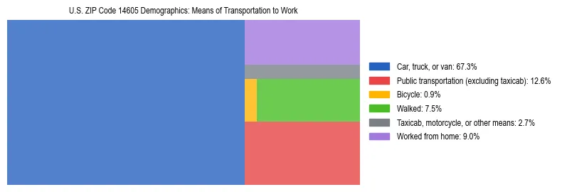 Treemap showing means of transportation to work distribution in US ZIP Code 14605.
