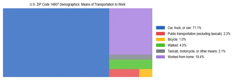 Treemap showing means of transportation to work distribution in US ZIP Code 14607.