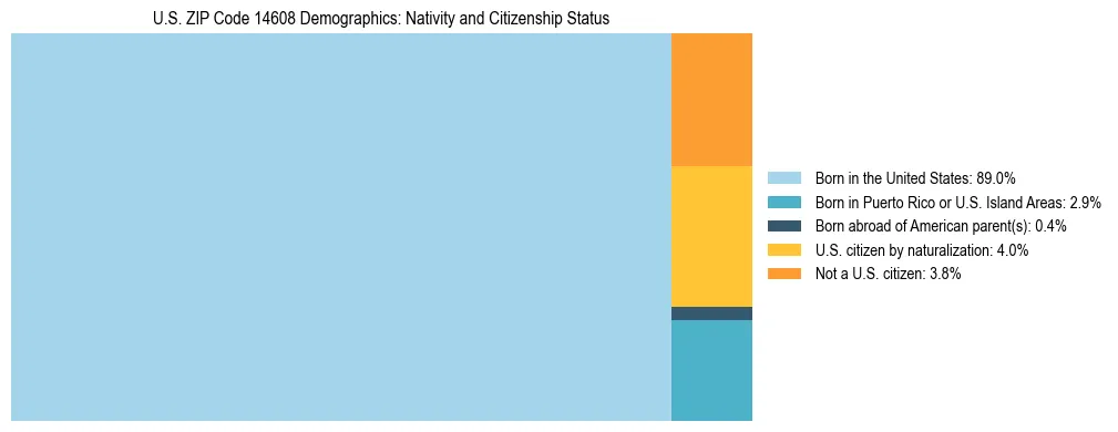 Treemap showing the population distribution by nativity and citizenship status in US ZIP Code 14608 based on U.S. Census data.