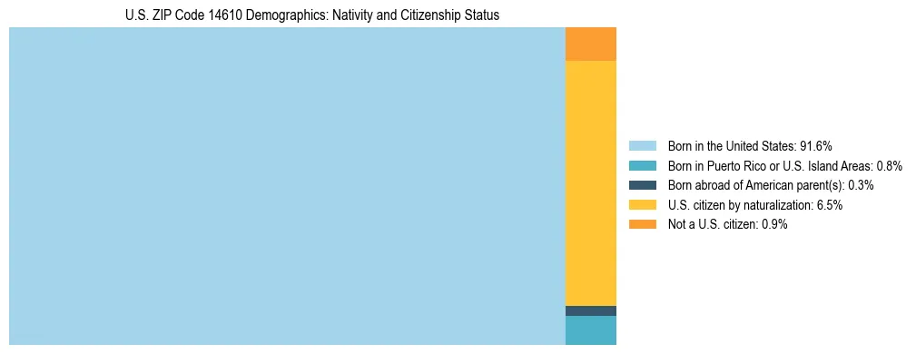 Treemap showing the population distribution by nativity and citizenship status in US ZIP Code 14610 based on U.S. Census data.