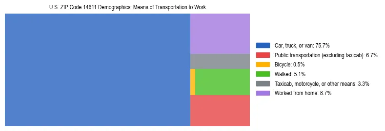 Treemap showing means of transportation to work distribution in US ZIP Code 14611.