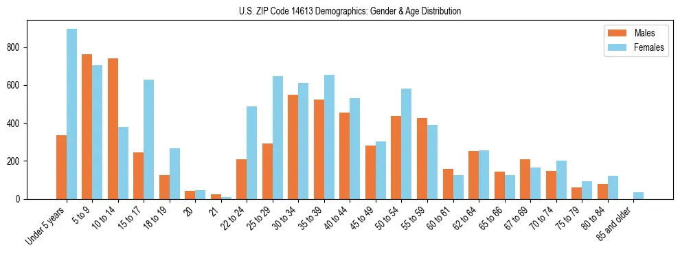 Bar chart showing the population distribution of US ZIP Code 14613 by age group and gender, based on 2023 ACS data.