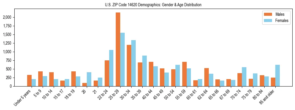Bar chart showing the population distribution of US ZIP Code 14620 by age group and gender, based on 2023 ACS data.