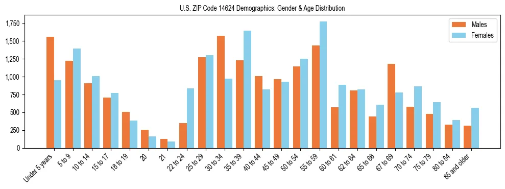 Bar chart showing the population distribution of US ZIP Code 14624 by age group and gender, based on 2023 ACS data.