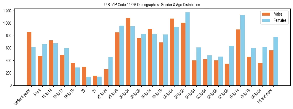 Bar chart showing the population distribution of US ZIP Code 14626 by age group and gender, based on 2023 ACS data.