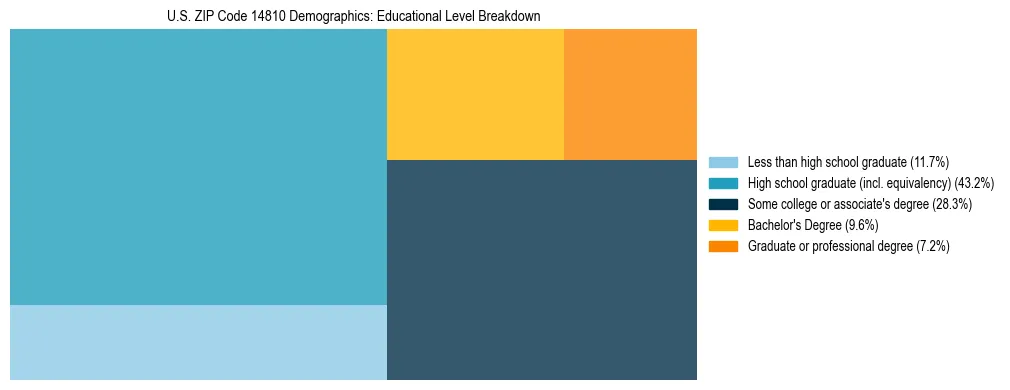 Treemap chart illustrating the educational attainment breakdown for population 25 years and over in US ZIP Code 14810.
